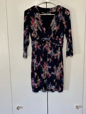 Boden US 6TR Navy Floral V-Neck Long Sleeve Knit Mini Dress 3/4 Sleeves see pics
